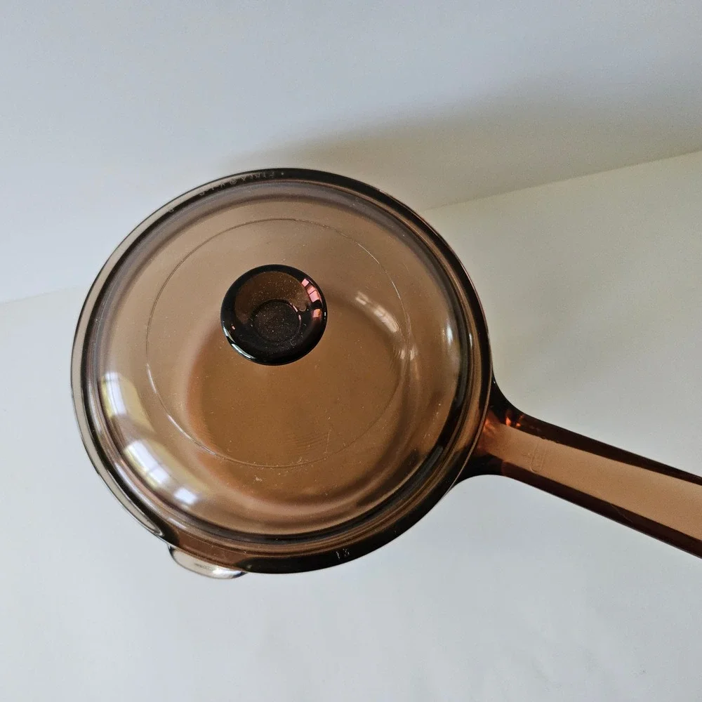 Vtg Corning Vision Ware 1 Liter Sauce Pot  with Lid Amber Glass